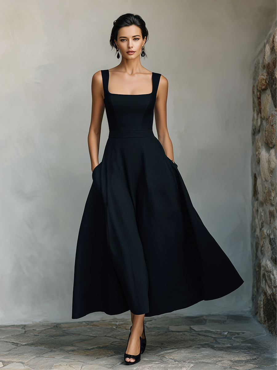 Women's Black Maxi Dress With Wide Square Neck Thick Straps & Side Patch Pockets, Minimalist Elegant Formal Swing Dress MDZ2269F2LYL
