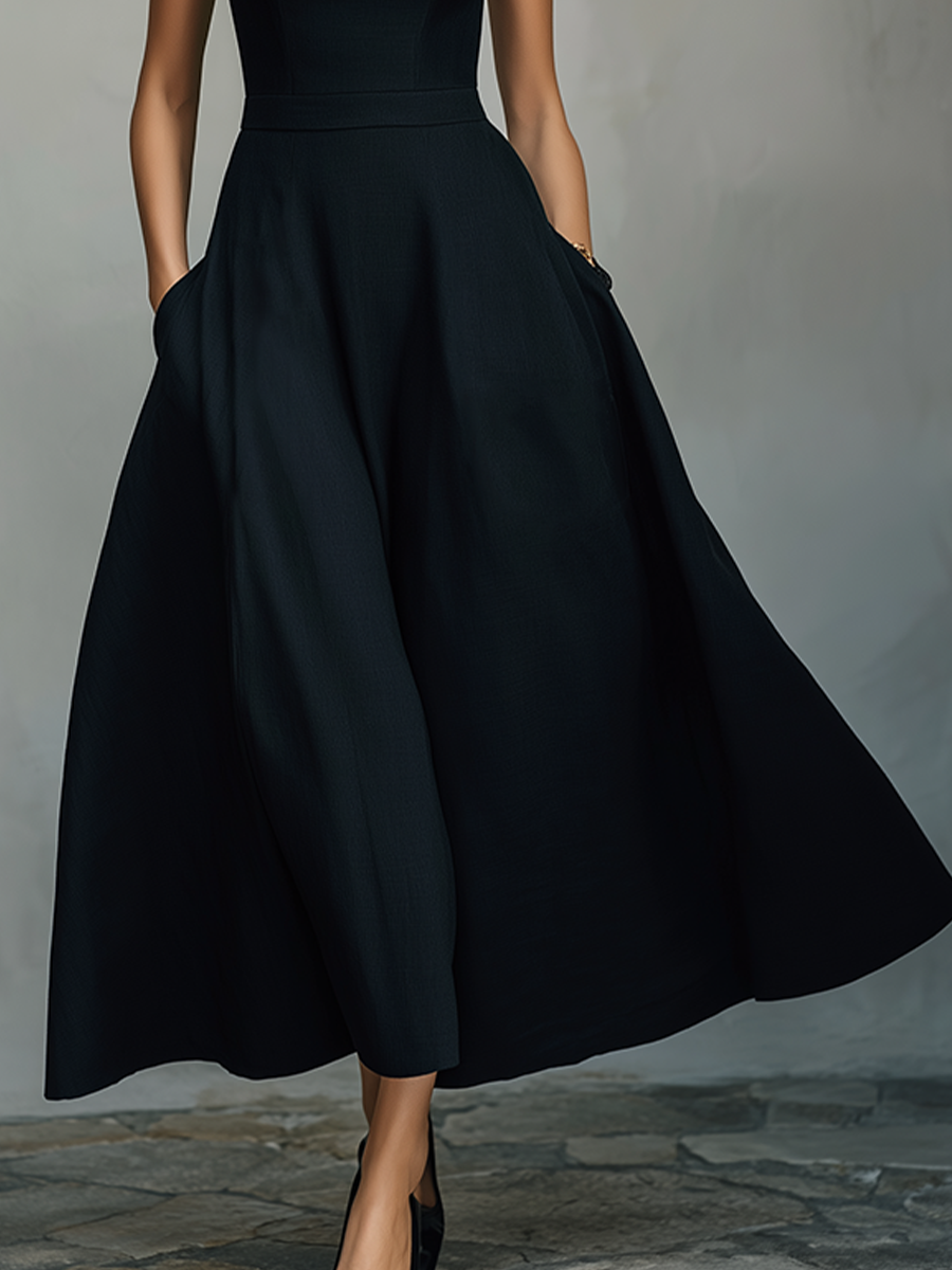 Women's Black Maxi Dress With Wide Square Neck Thick Straps & Side Patch Pockets, Minimalist Elegant Formal Swing Dress MDZ2269F2LYL