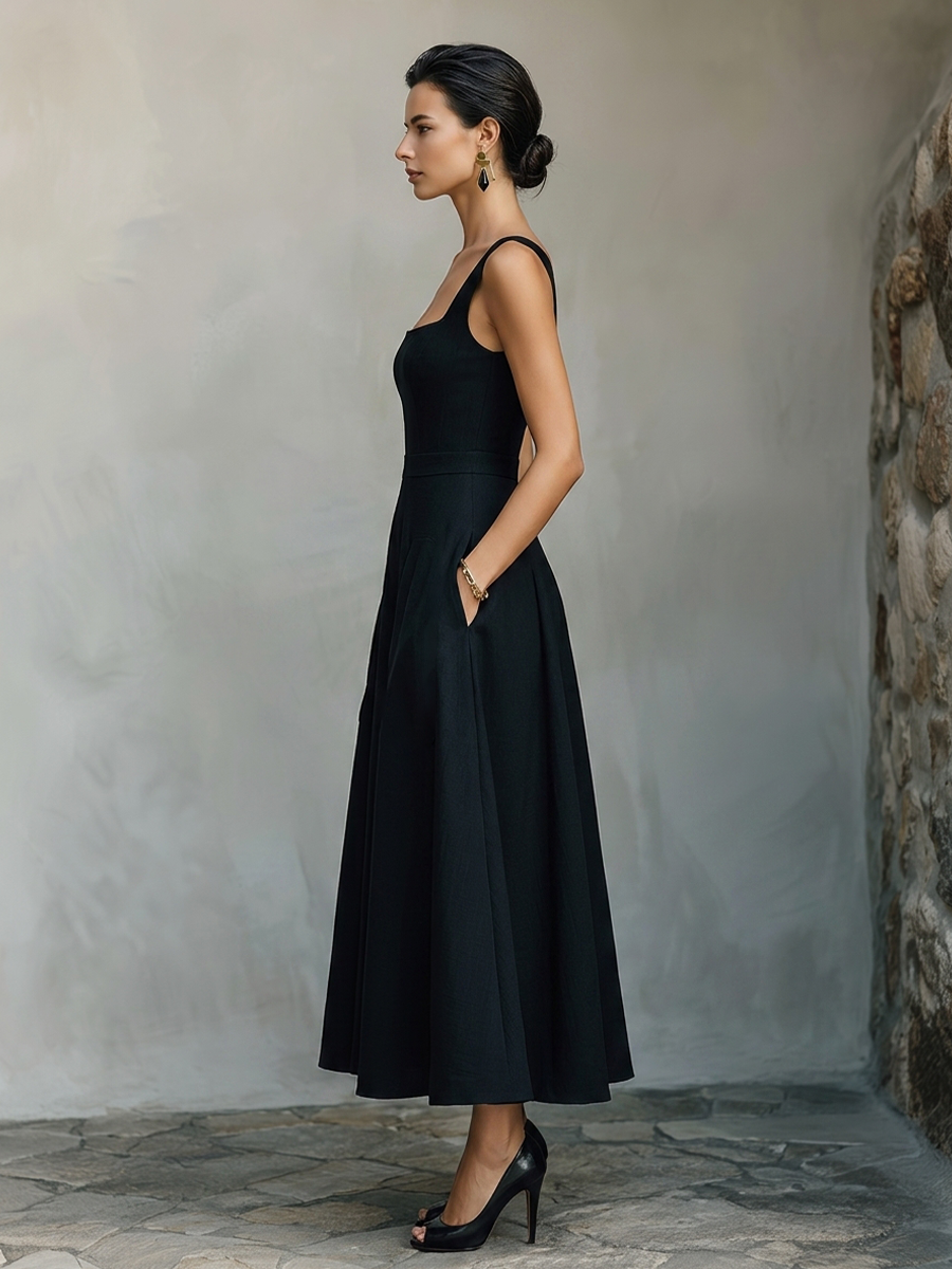 Women's Black Maxi Dress With Wide Square Neck Thick Straps & Side Patch Pockets, Minimalist Elegant Formal Swing Dress MDZ2269F2LYL
