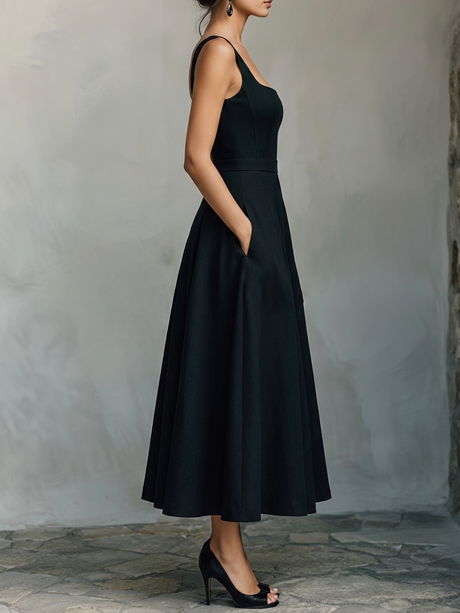 Women's Black Maxi Dress With Wide Square Neck Thick Straps & Side Patch Pockets, Minimalist Elegant Formal Swing Dress MDZ2269F2LYL