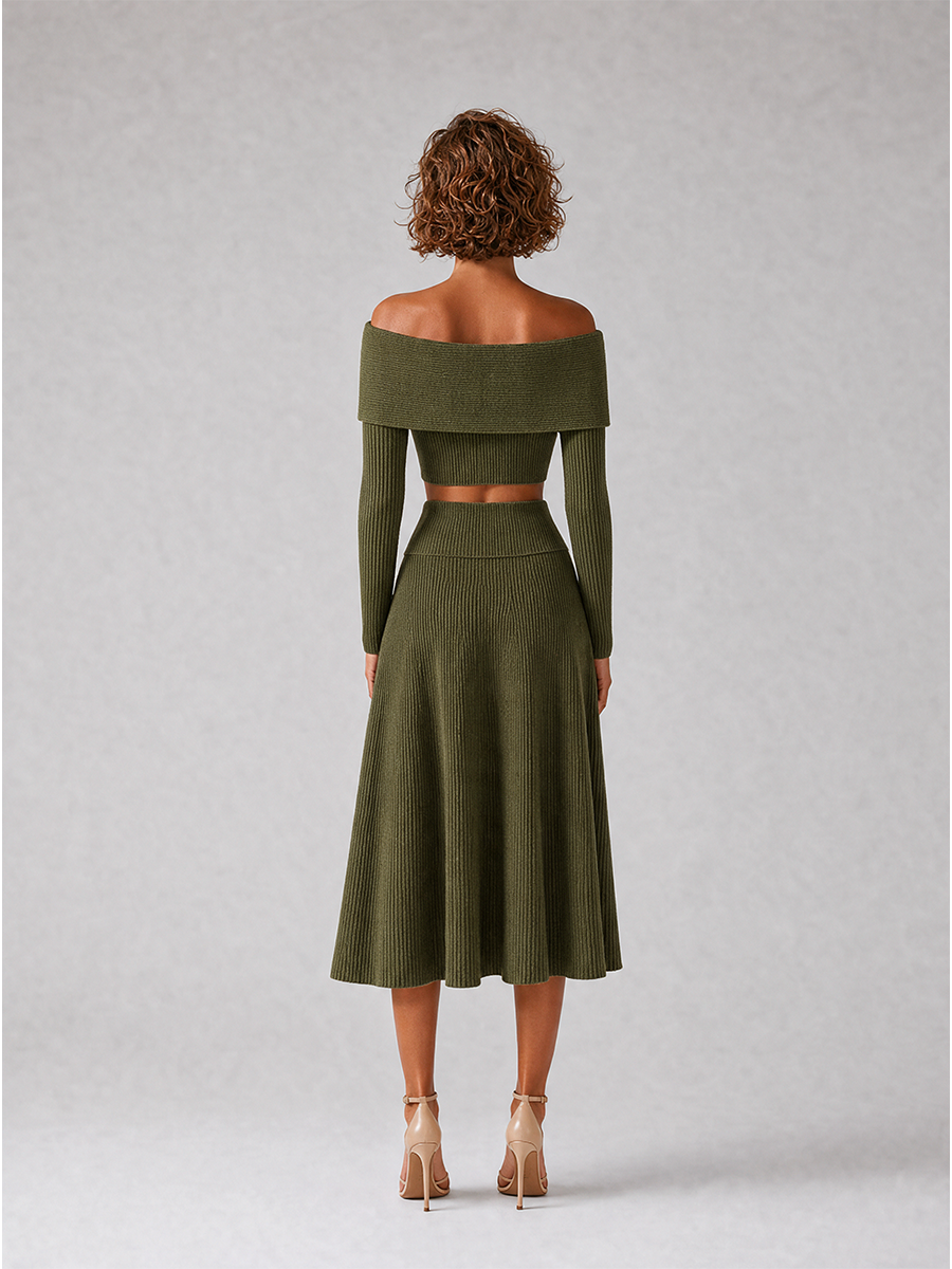 Women's Elegant Green Ribbed-Knit Off-Shoulder Crossover-Neck Long-Sleeve Cropped Top & High-Waisted A-Line Midi Skirt Set MDZ2462G3CMX