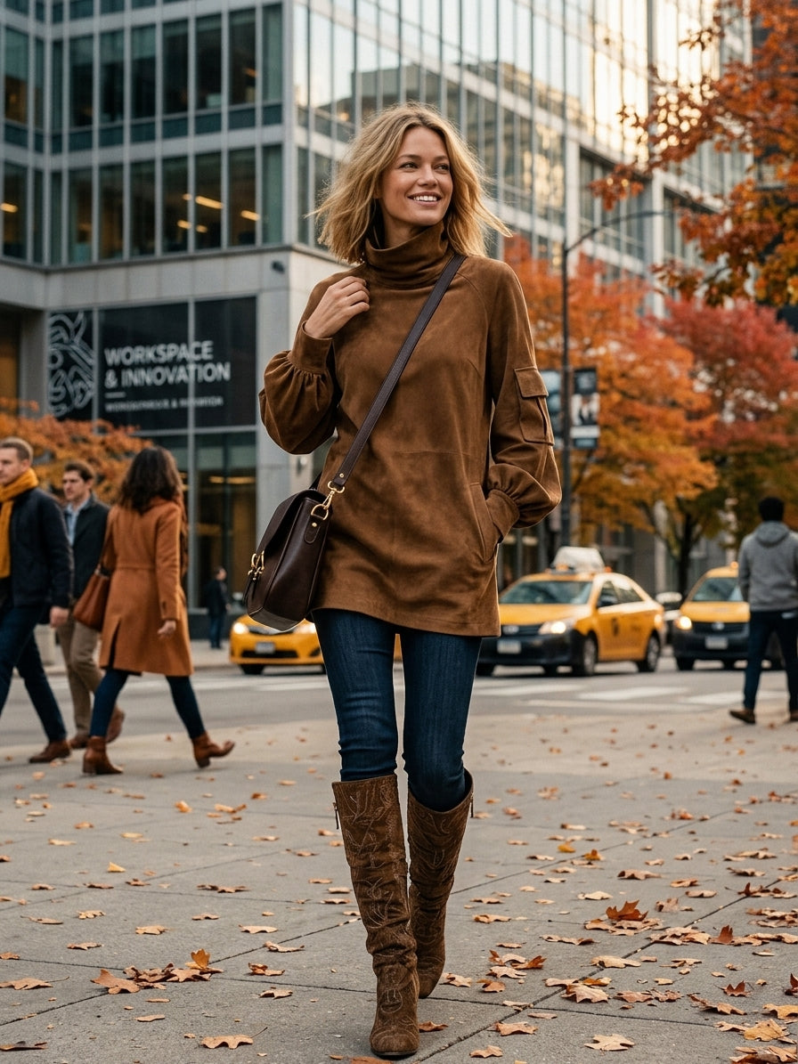 Women's Vintage Loose Suede Turtleneck Mini Dress MDA1693H3Y