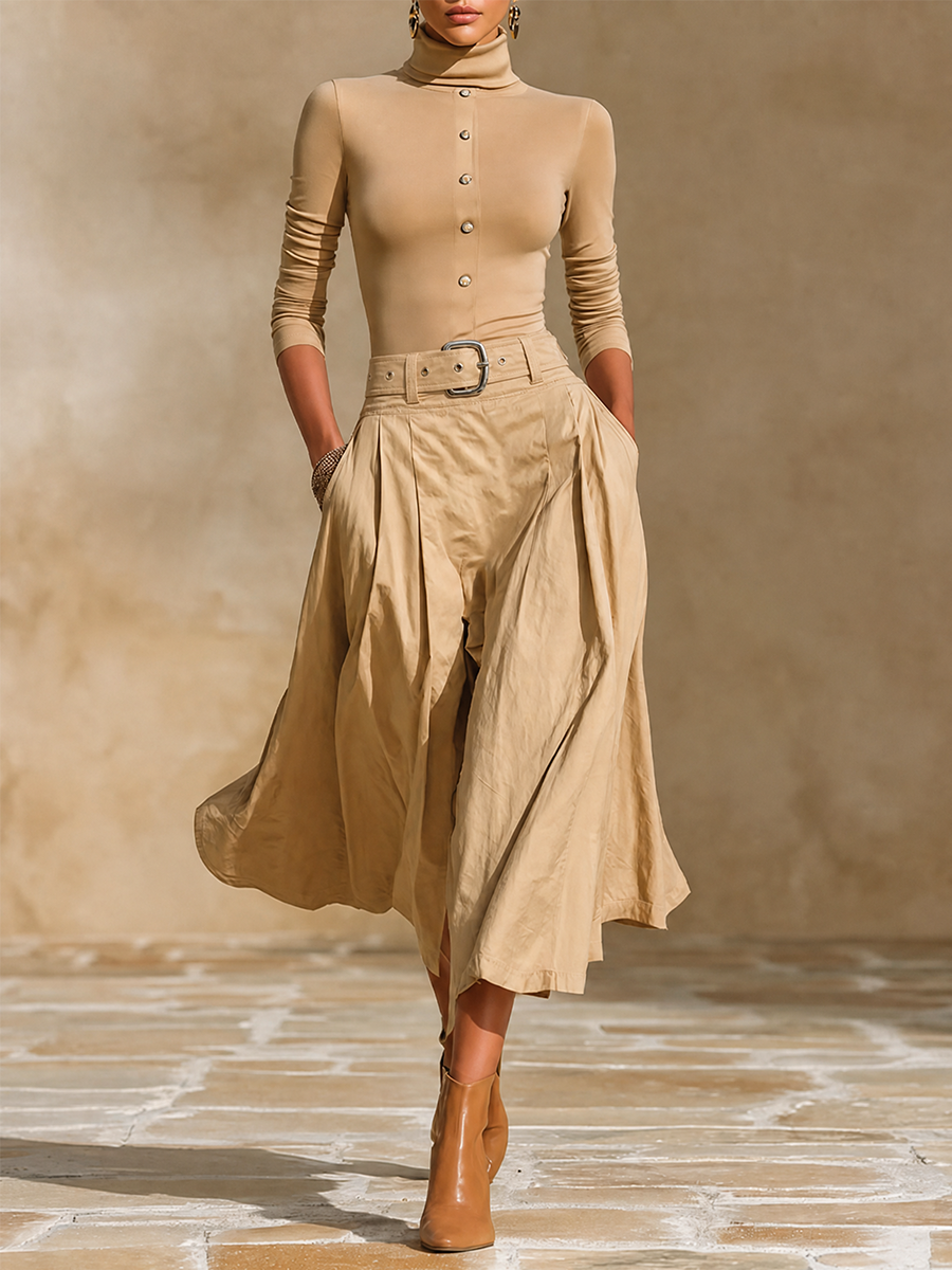 Women's Belted Pleated Office Two‑Piece Set MDZ2709H5LYL