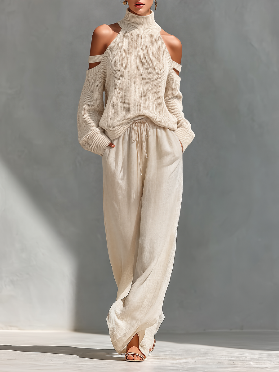 Women's Beige Knit Fabric Cold-Shoulder Turtleneck Top & Wide-Leg Pants Set MDZ0984A5T