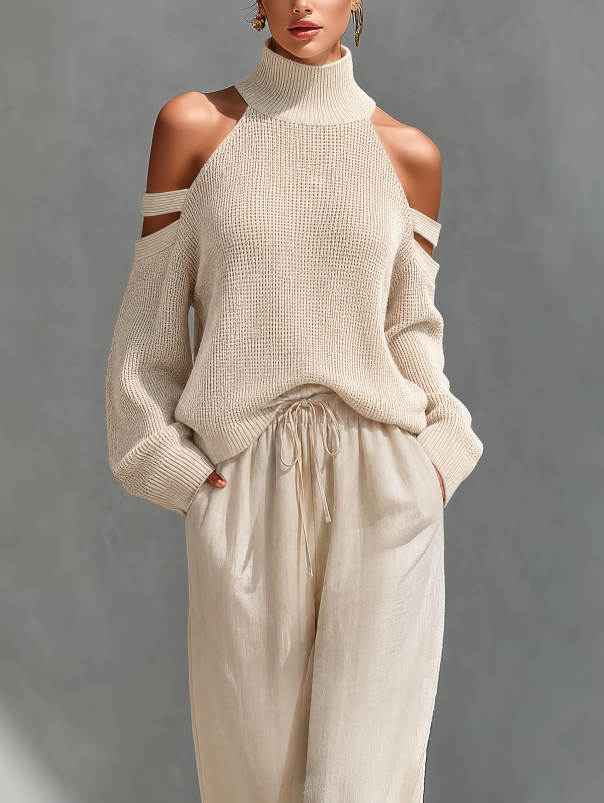 Women's Beige Knit Fabric Cold-Shoulder Turtleneck Top & Wide-Leg Pants Set MDZ0984A5T