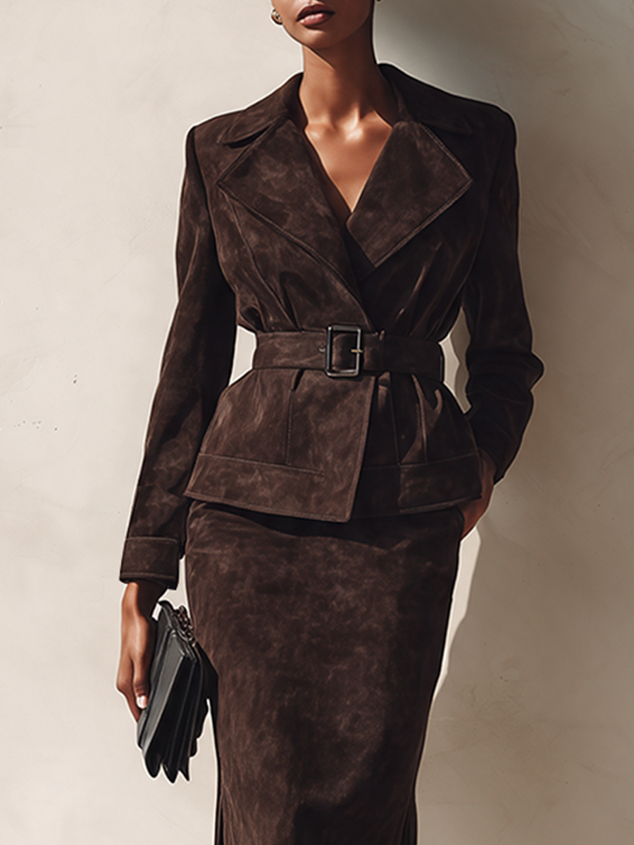 Women's Elegant Faux Suede Skirt Set With Lapel Jacket And Belt MDZ0433I5ZRK