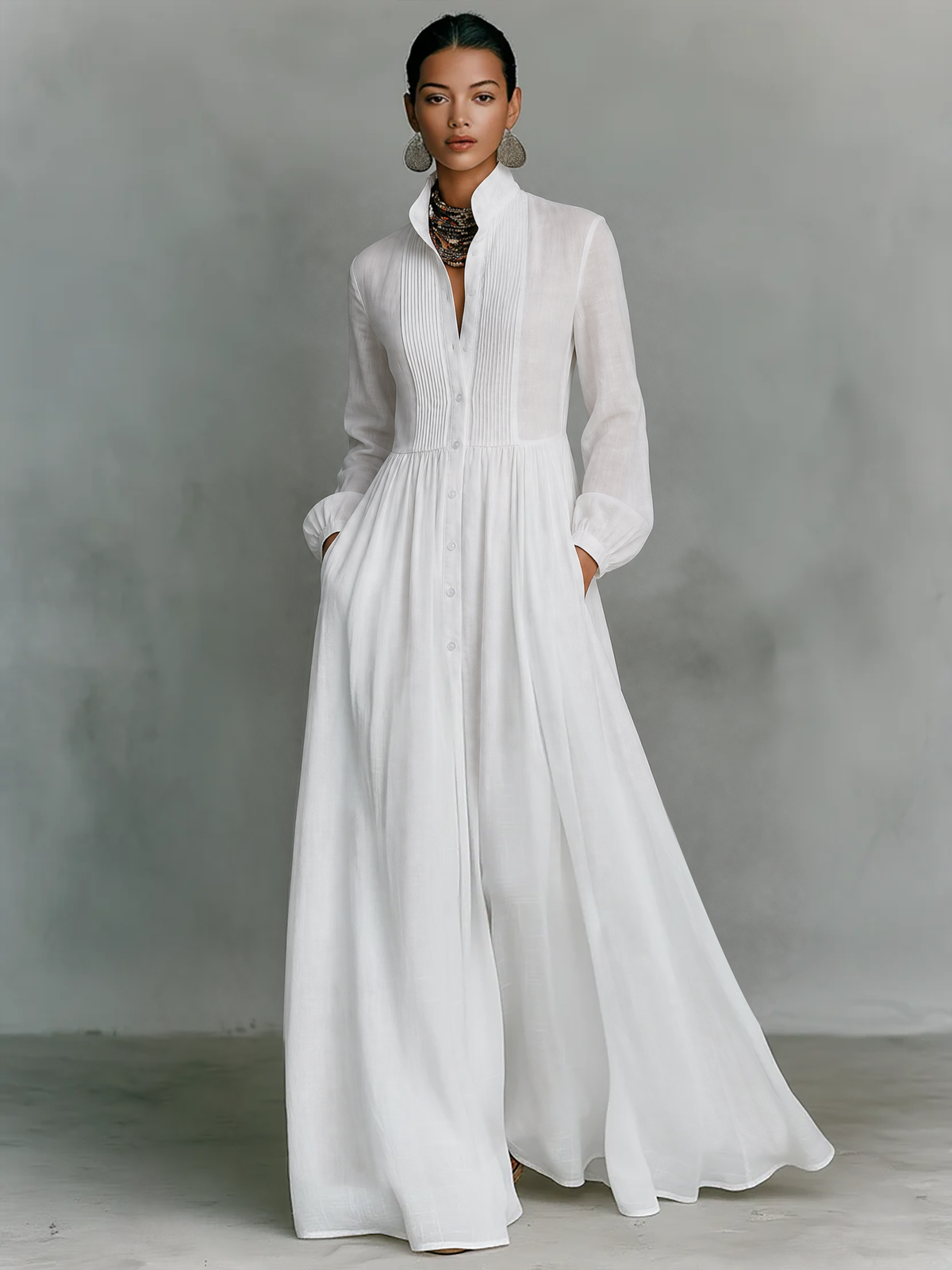 Women's Minimalist Tencel And Linen Patchwork Single-breasted Stand-up Collar Long-sleeved Maxi Dress MDA0658K6Y