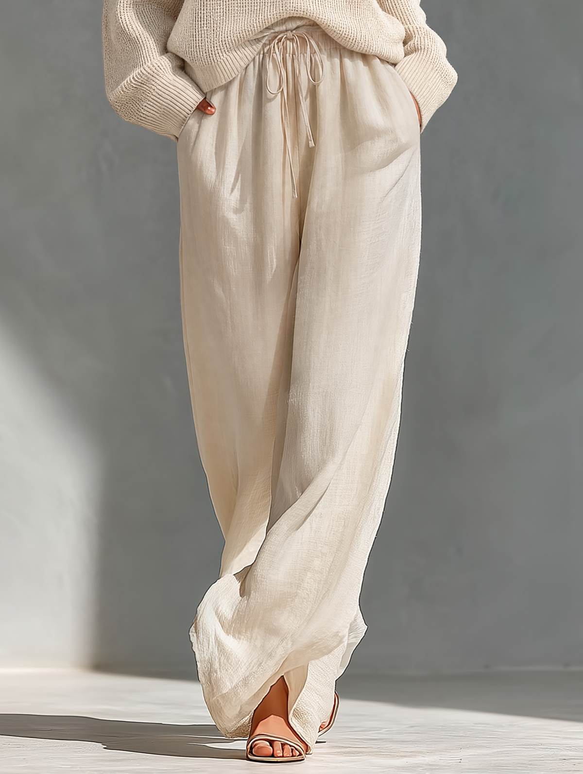 Women’s Beige Linen-Blend High-Waisted Pocketed Wide-Leg Pants MDZ1228A6T