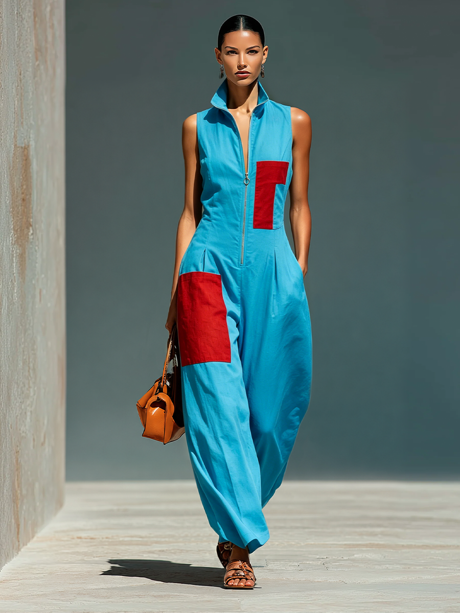 Women’s Blue Linen-Blend Sleeveless Jumpsuit With Red Patch Pockets & Half-Zip Stand Collar MDZ0982E4T