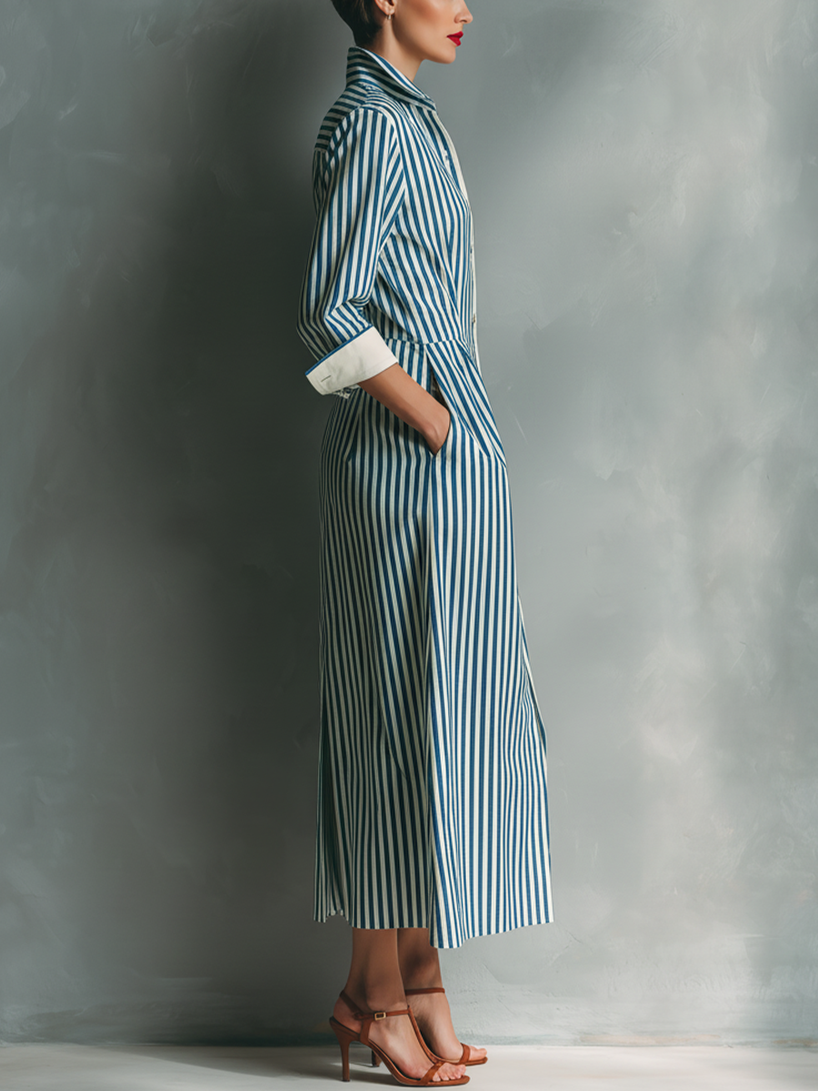 Women's Blue And White Cotton Striped Shirt Dress With Red Chest Pocket MDZ1286C2T