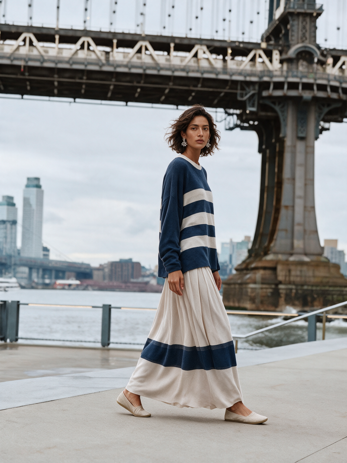 Women's Stripe Knit Top & Pleated Maxi Skirt Set