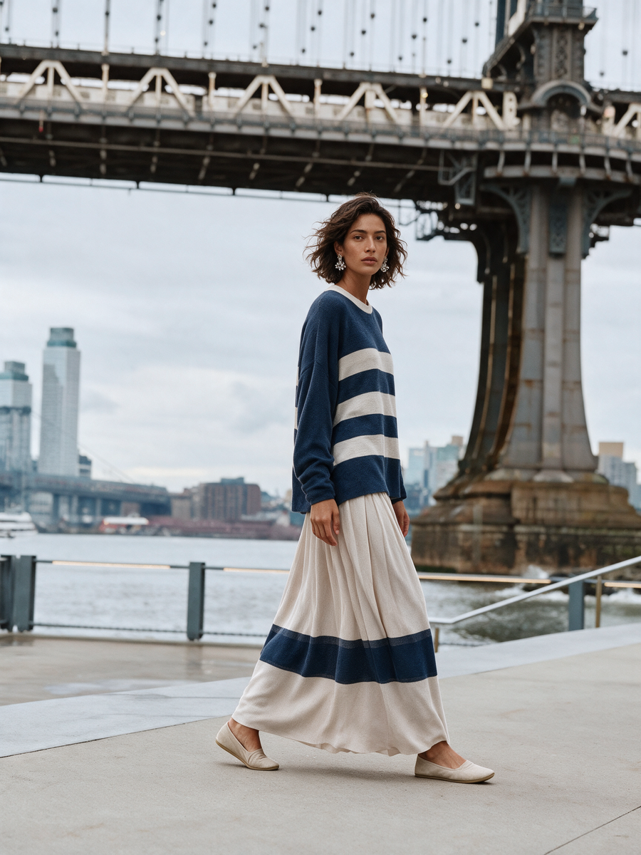 Women's Stripe Knit Top & Pleated Maxi Skirt Set