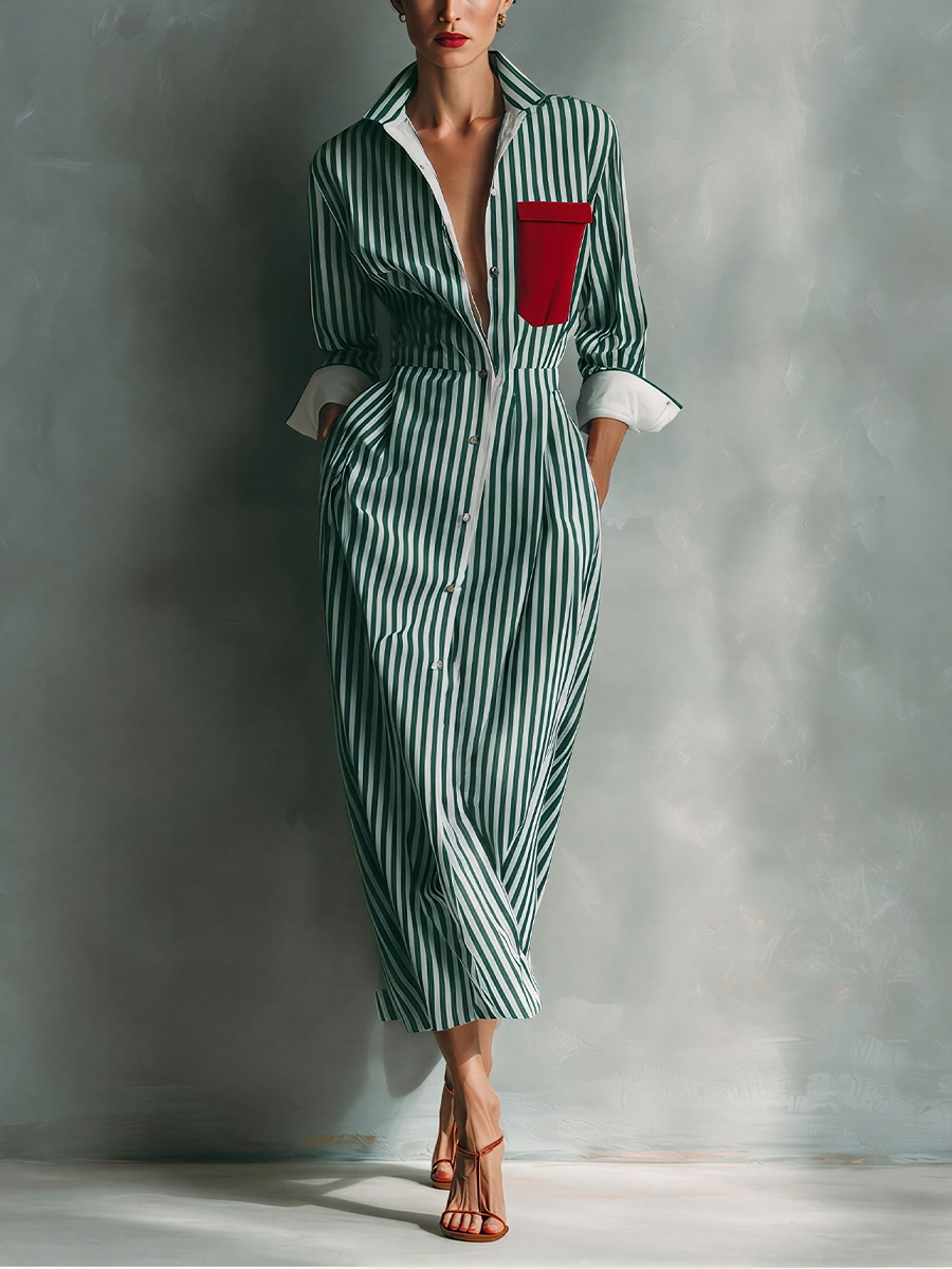 Women's Blue And White Cotton Striped Shirt Dress With Red Chest Pocket MDZ1286C2T