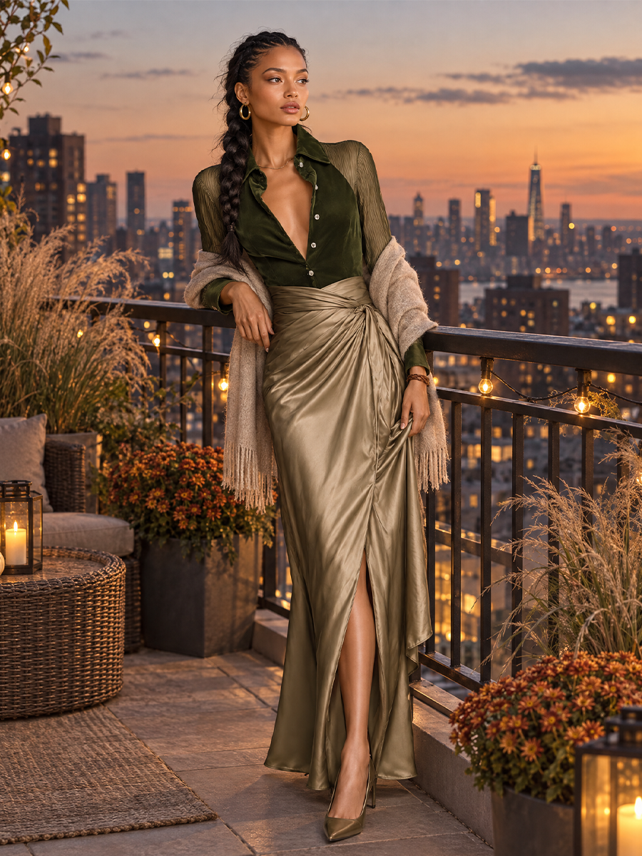 Women's Velvet Shirt Bodice Satin Wrap Maxi Evening Dress