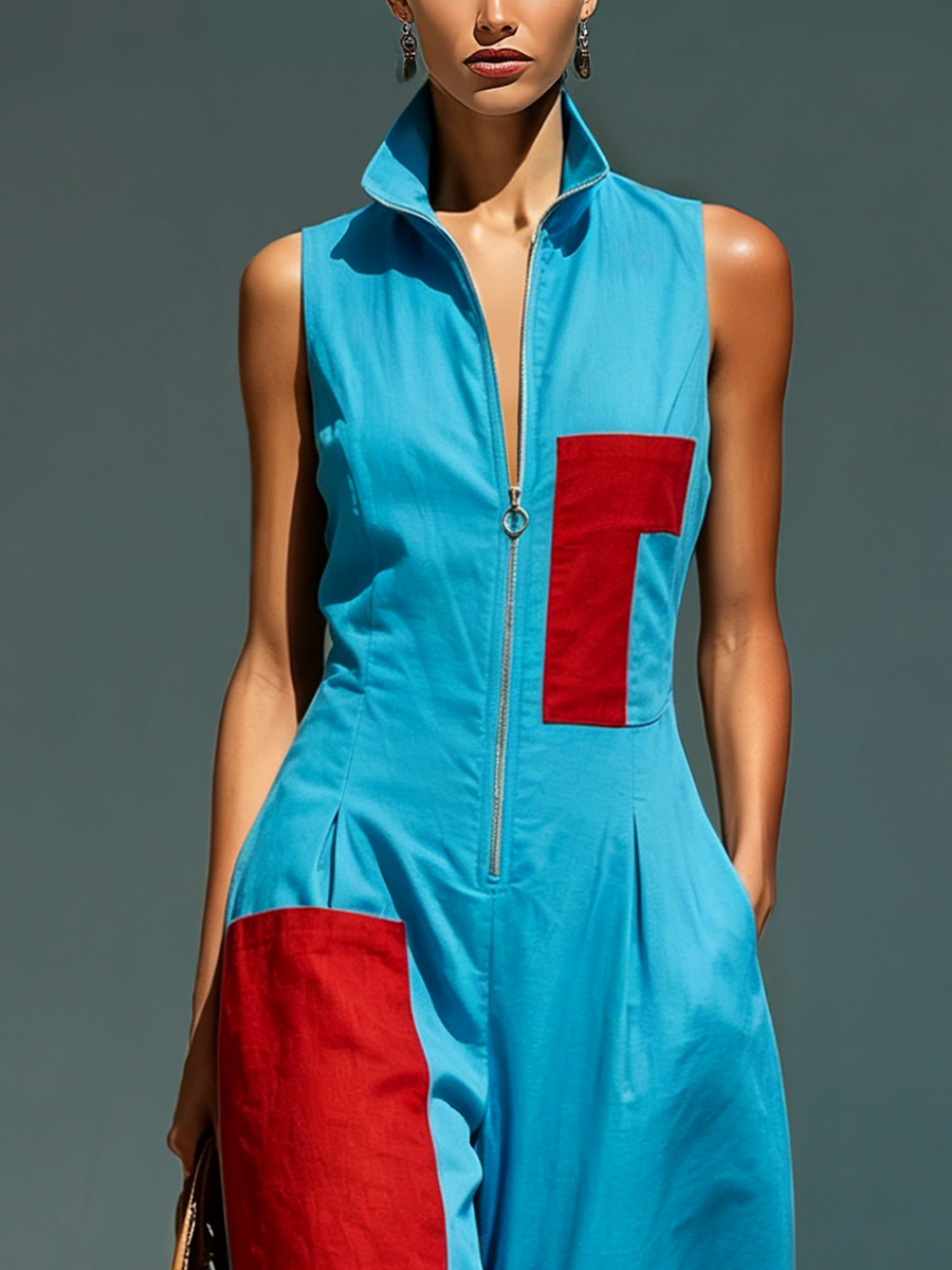 Women’s Blue Linen-Blend Sleeveless Jumpsuit With Red Patch Pockets & Half-Zip Stand Collar MDZ0982E4T