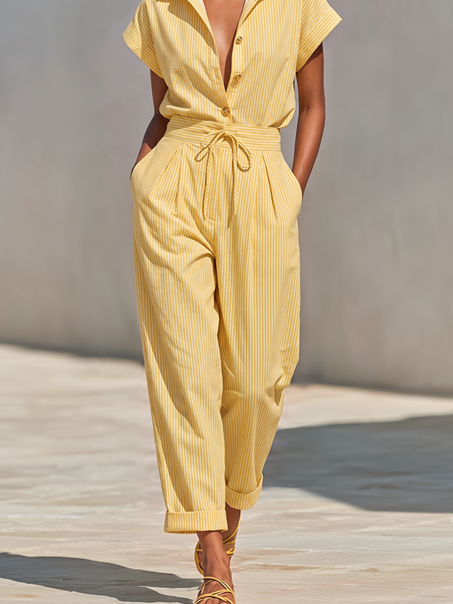 Women's Lemon Vertical Stripe Textured Co-Ord With Front Button Blouse & Side Pocket Tapered Trousers, Effortless-Chic Beach Casual Outfit MDZ2203F4LYL