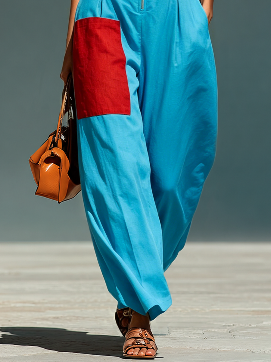 Women’s Blue Linen-Blend Sleeveless Jumpsuit With Red Patch Pockets & Half-Zip Stand Collar MDZ0982E4T