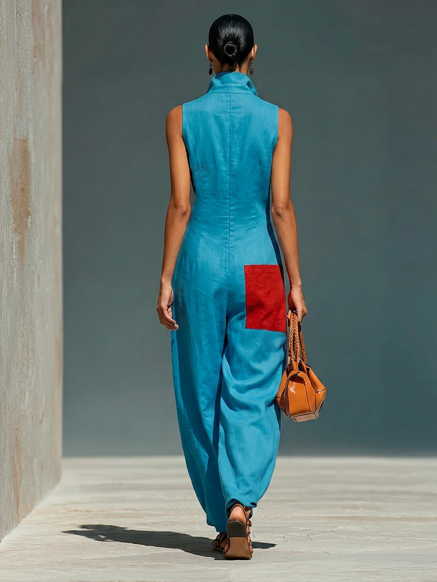 Women’s Blue Linen-Blend Sleeveless Jumpsuit With Red Patch Pockets & Half-Zip Stand Collar MDZ0982E4T