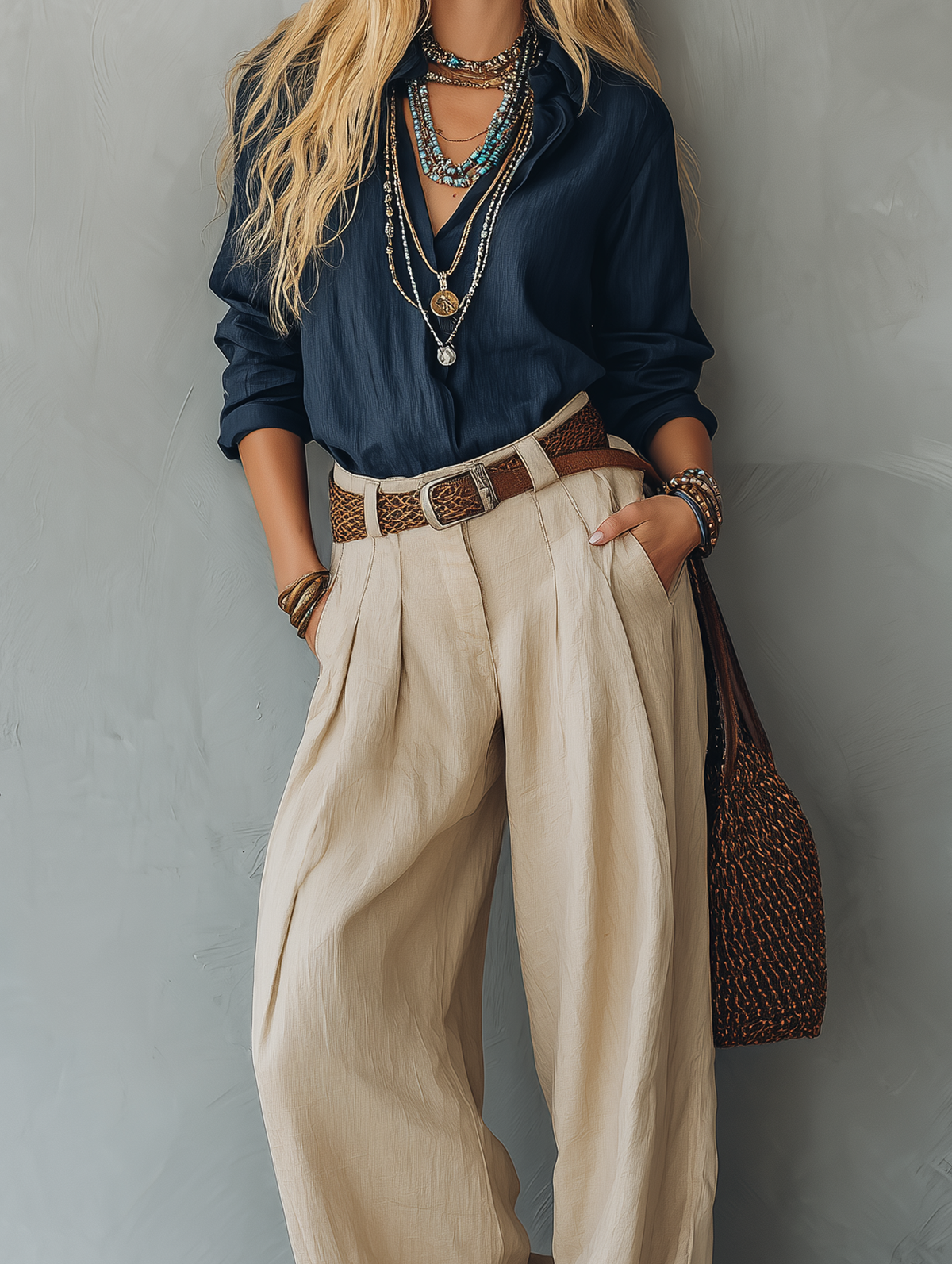 Women's Casual Navy Blue Cotton-Linen Long-Sleeve Pullover Shirt Paired MDZ2604E5LXY