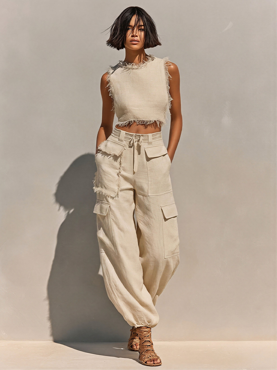 Women's Beige Linen-Blend Two-Piece Set With Frayed Crop Tank & Cargo Joggers, Timeless Casual Summer Outfit MDZ2979E8LYL