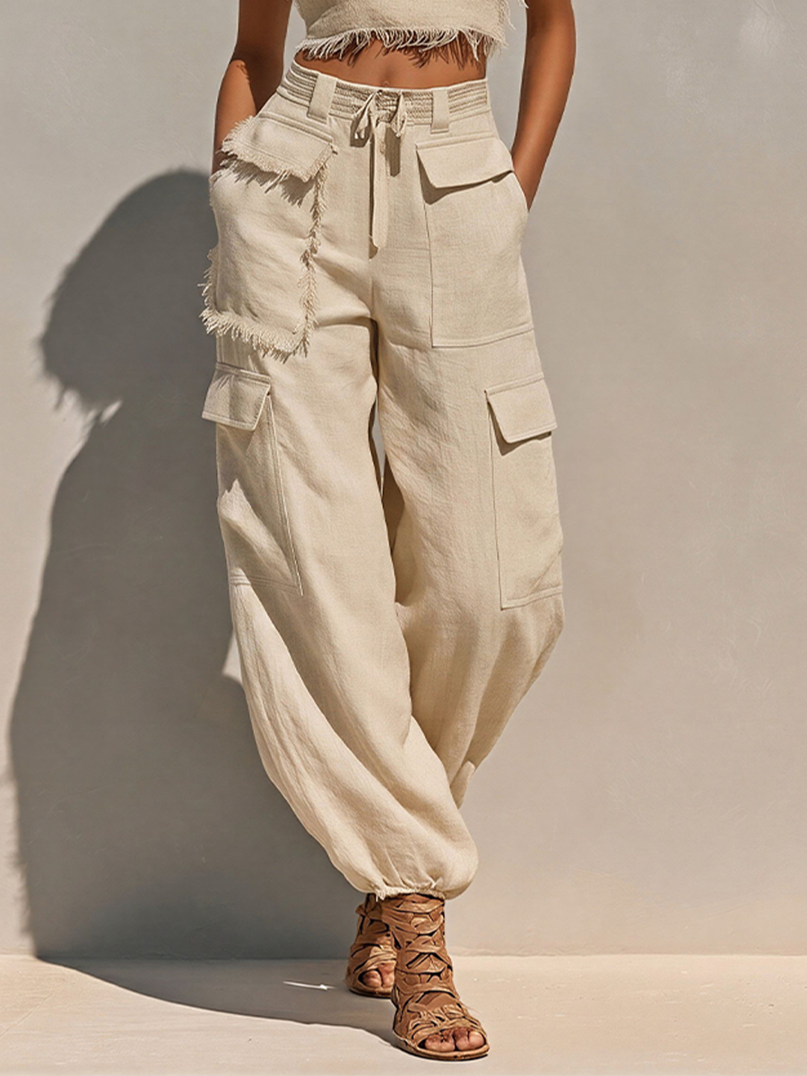 Women's Beige Linen-Blend Two-Piece Set With Frayed Crop Tank & Cargo Joggers, Timeless Casual Summer Outfit MDZ2979E8LYL