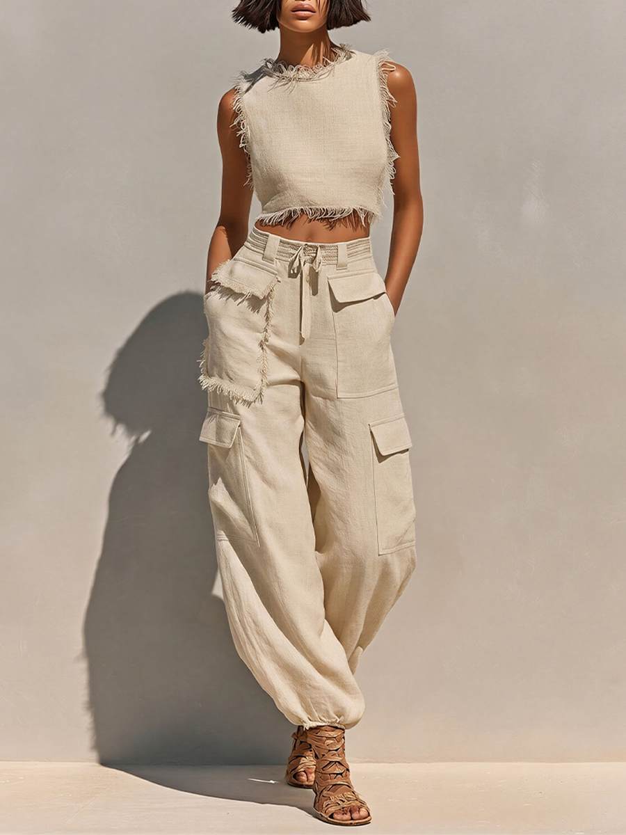 Women's Beige Linen-Blend Two-Piece Set With Frayed Crop Tank & Cargo Joggers, Timeless Casual Summer Outfit MDZ2979E8LYL