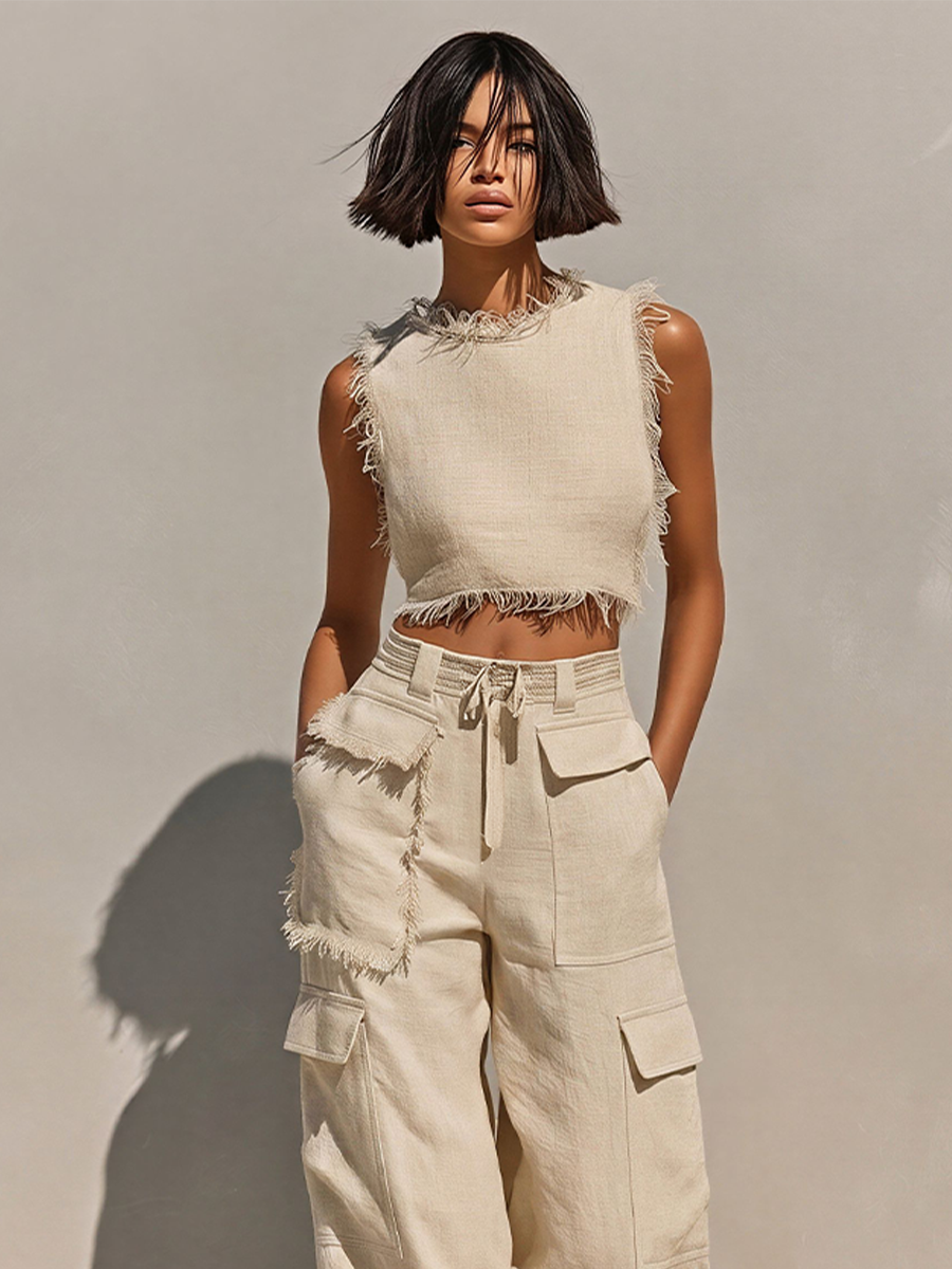 Women's Beige Linen-Blend Two-Piece Set With Frayed Crop Tank & Cargo Joggers, Timeless Casual Summer Outfit MDZ2979E8LYL