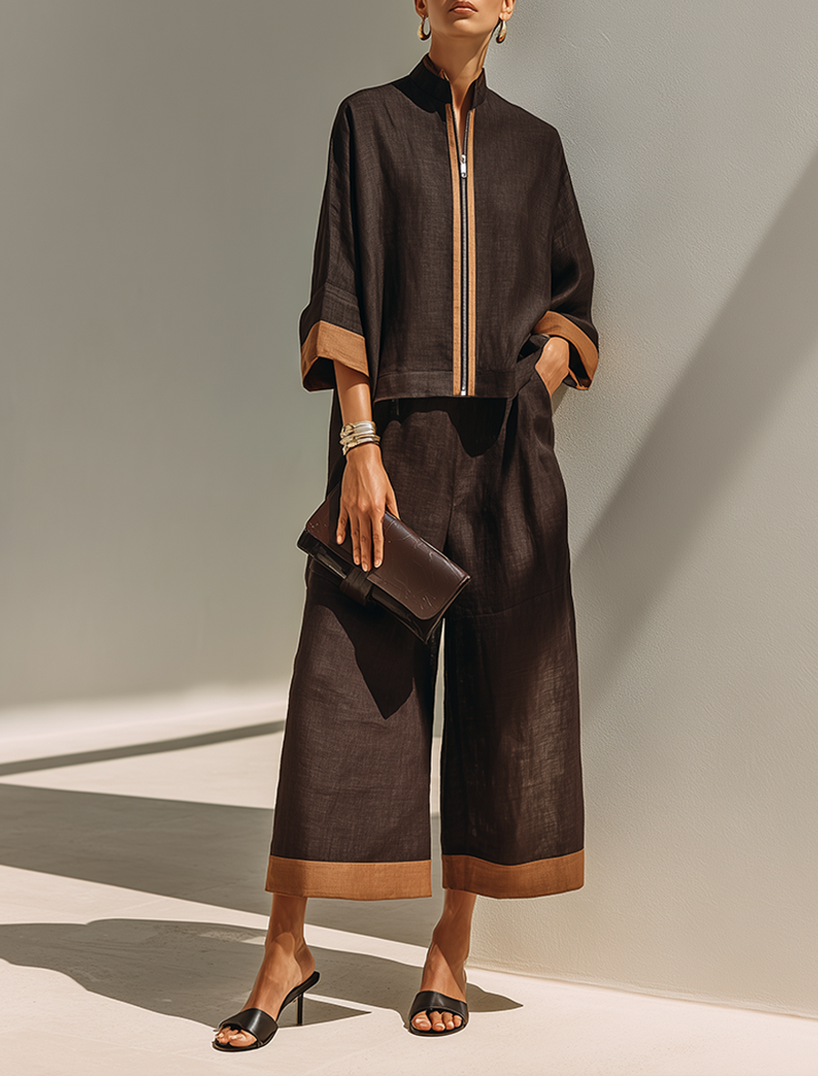 Women's Dark‑Brown Linen Fabric Stand‑Collared Zip‑Up Crop Top & Wide‑Leg Pants Set MDZ1459G3ZRK