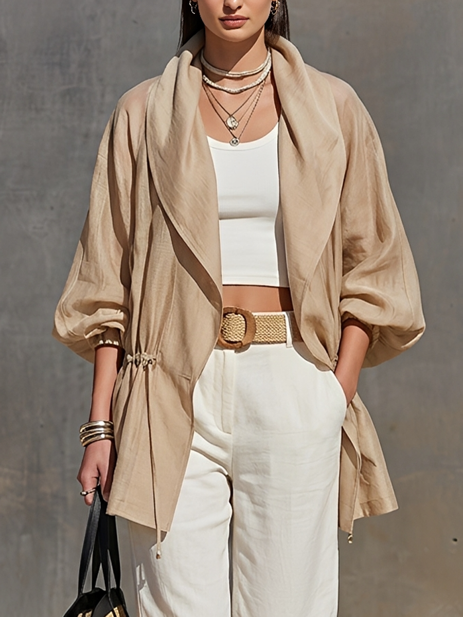 Women's Khaki Tencel Sheer Jacket With Lapel Collar Balloon Three Quarter Sleeves & Waist Drawstring, Minimalist Resort Lightweight Oversized Outerwear MDZ2240G0LYL