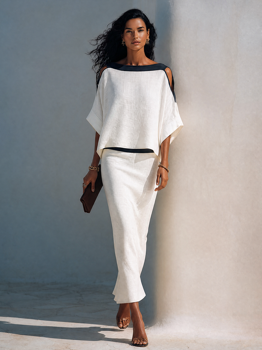 Women's Linen-Blend Batwing-Sleeve Top And Midi Skirt Two-Piece Set MDZ2993G0ZRK