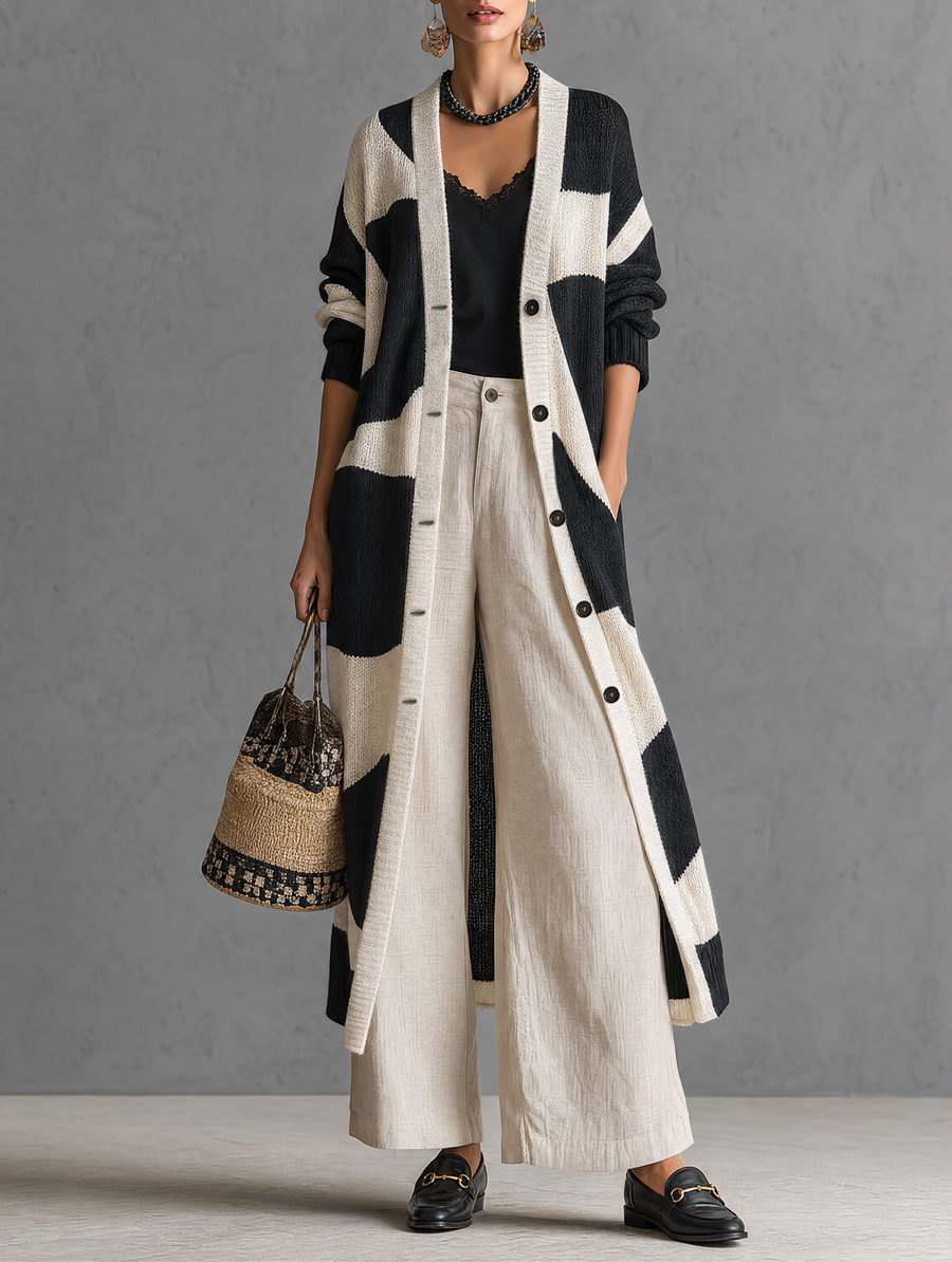 Women's Minimalist Color-Block Jacquard Single-Breasted Long Cardigan MDZ0422H8WY