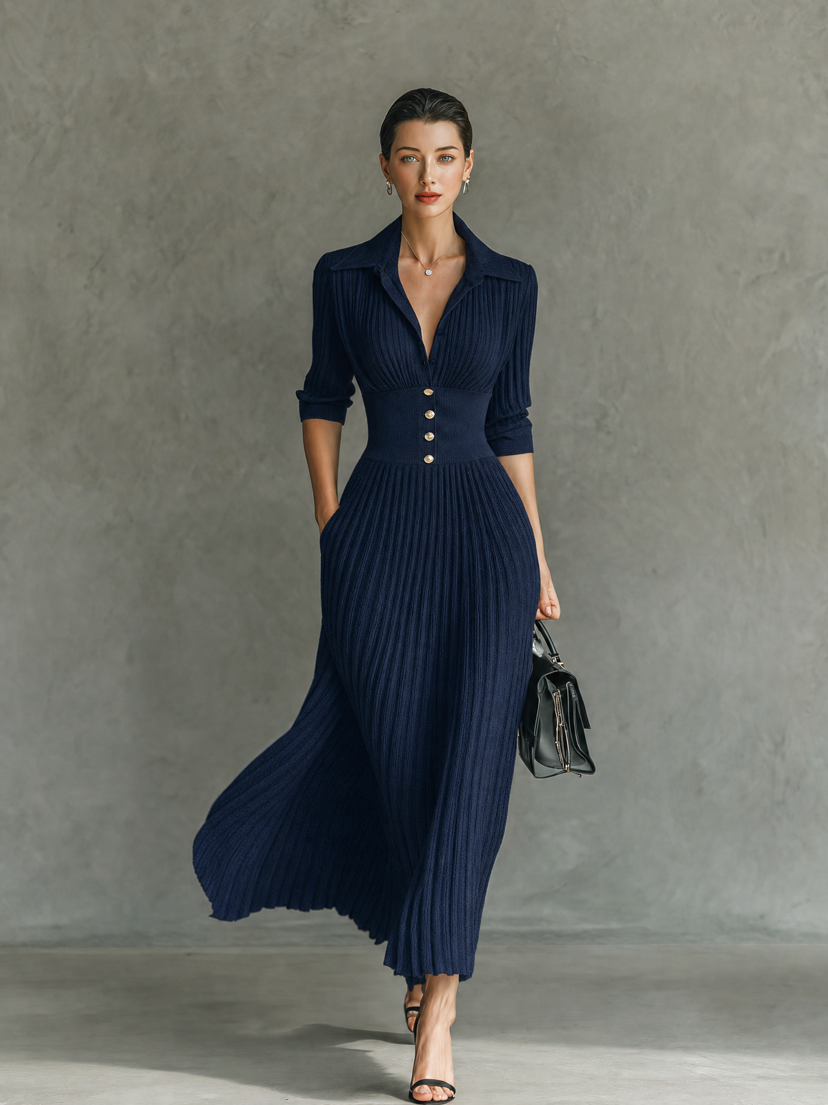 Women's Elegant Button-Front Collared Pleated Knit Dress MDZ0607H5WY