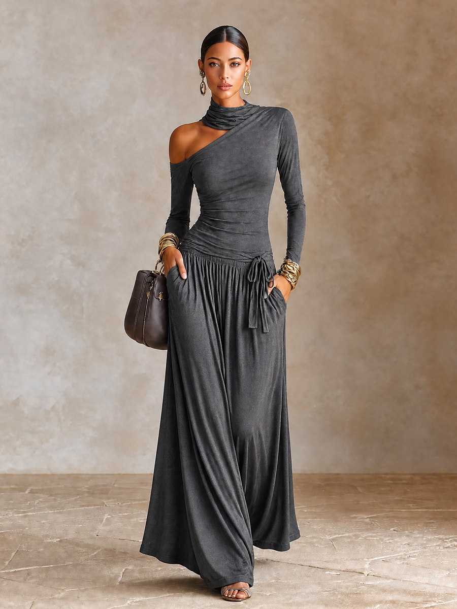 Women's Asymmetric Off‑Shoulder Long Sleeve Vacation Maxi Dress MDZ1183H4LYL
