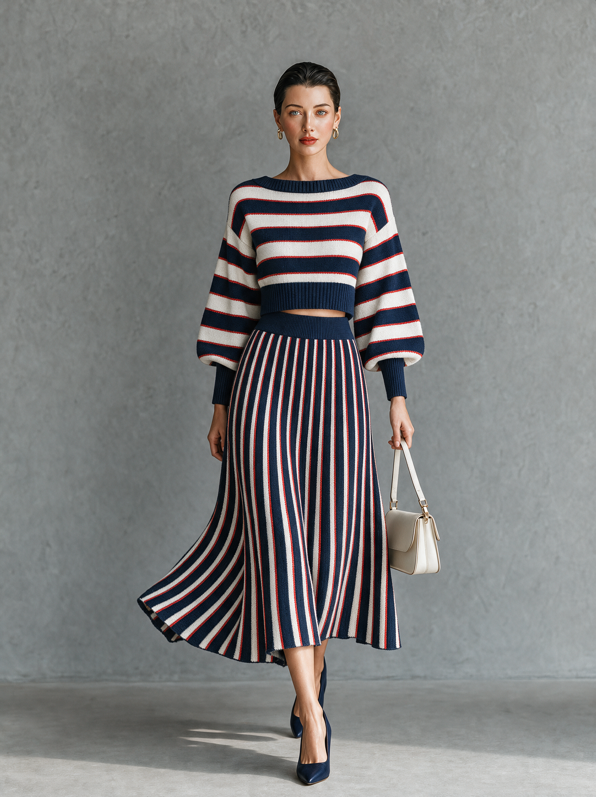 Women's Vintage Striped Boat-Neck Sweater And Skirt Set