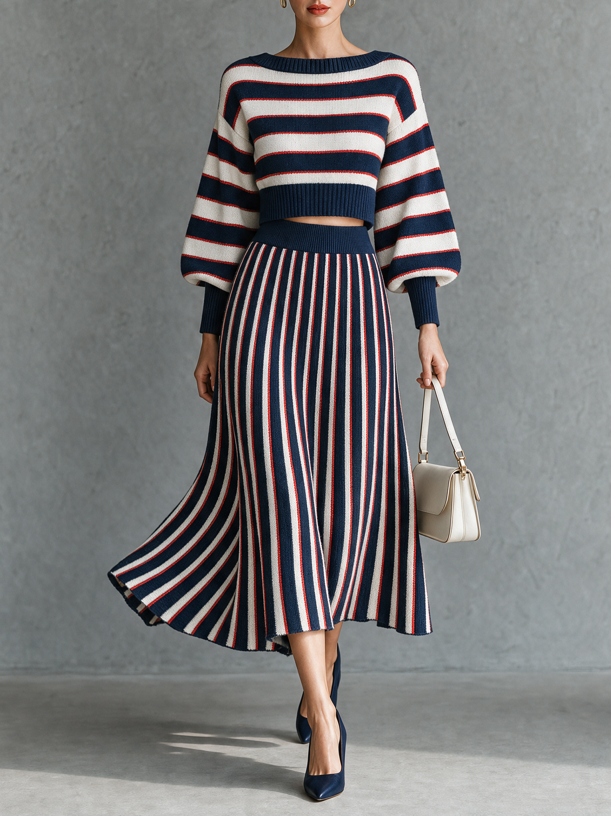Women's Vintage Striped Boat-Neck Sweater And Skirt Set