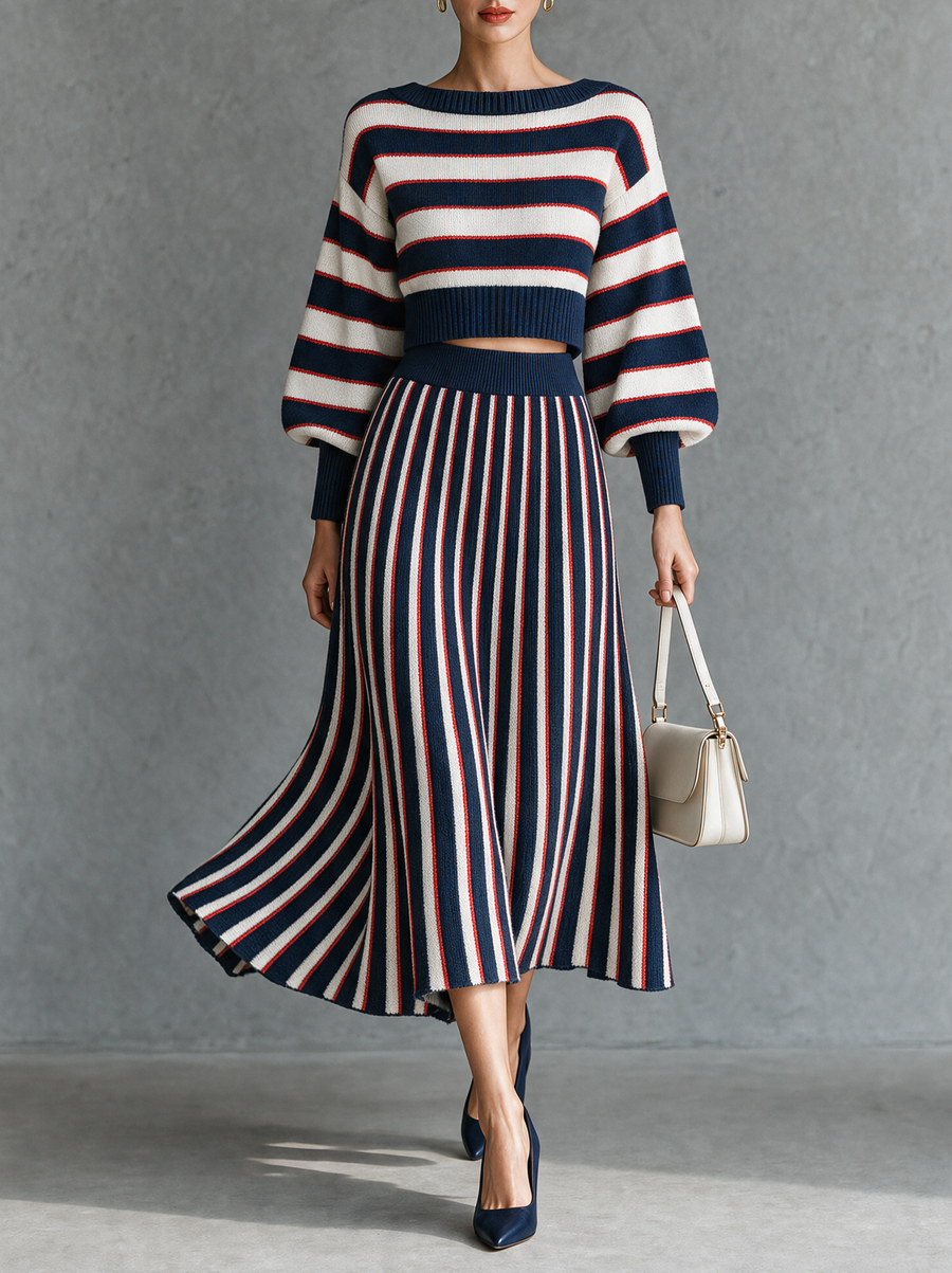 Women's Vintage Striped Boat-Neck Sweater And Skirt Set