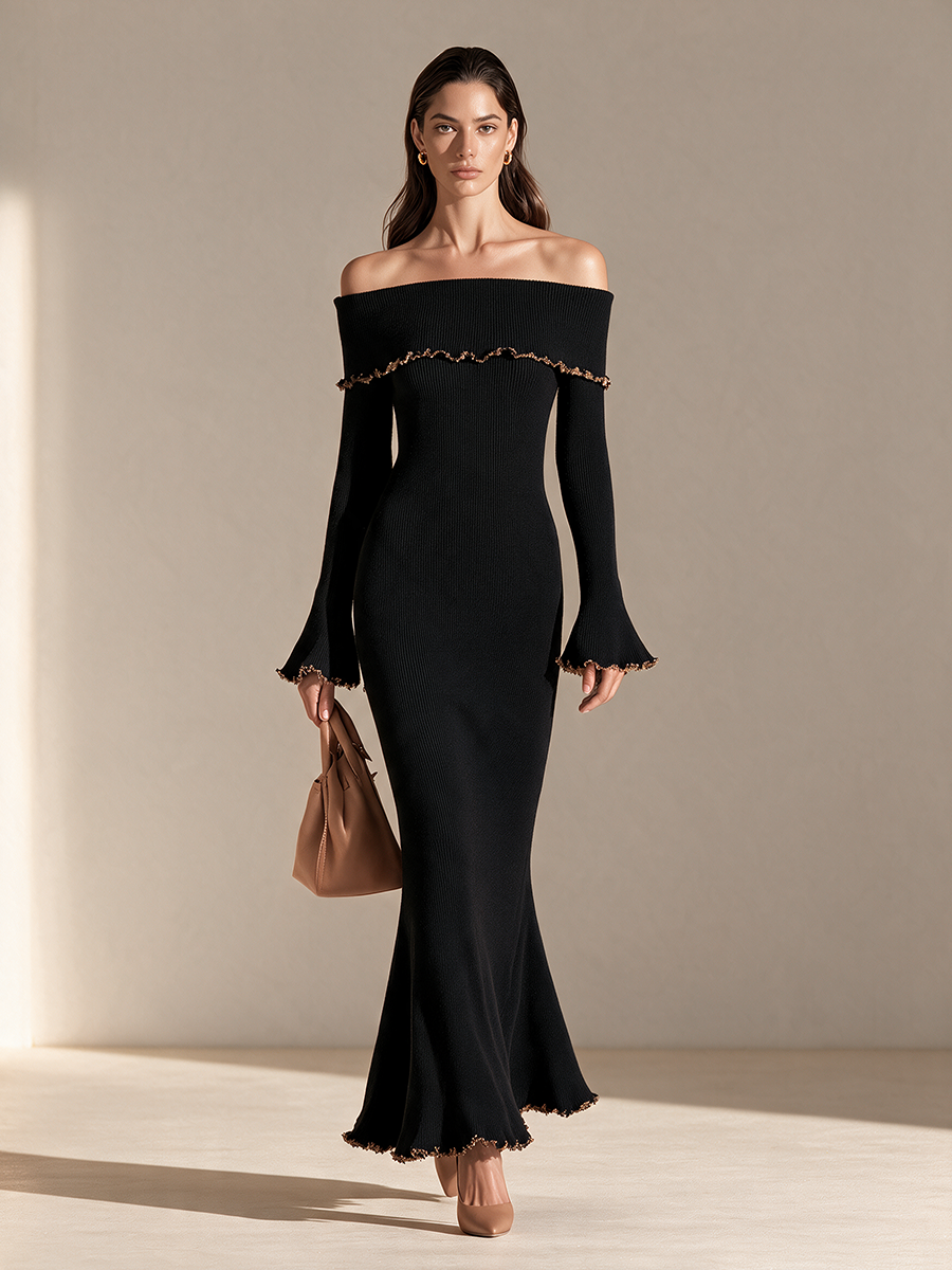 Women's Off-Shoulder Foldover Flare-Sleeve Frill-Trim Fishtail Knit Maxi Dress MDZ0303I9CMX