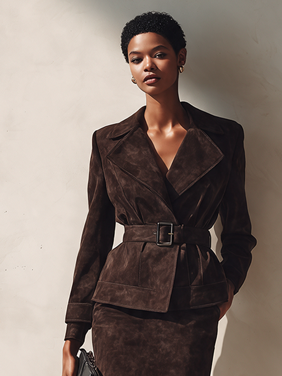 Women's Elegant Faux Suede Skirt Set With Lapel Jacket And Belt MDZ0433I5ZRK