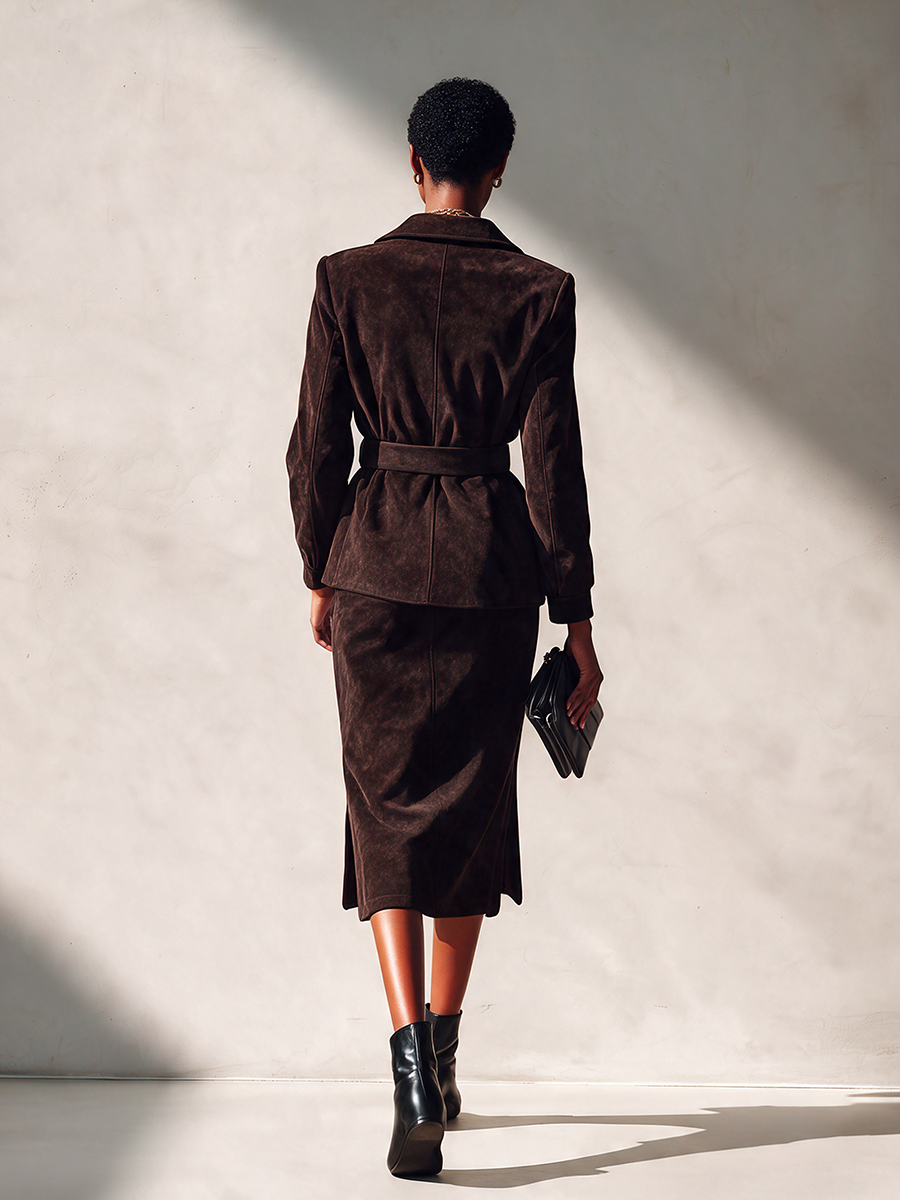Women's Elegant Faux Suede Skirt Set With Lapel Jacket And Belt MDZ0433I5ZRK