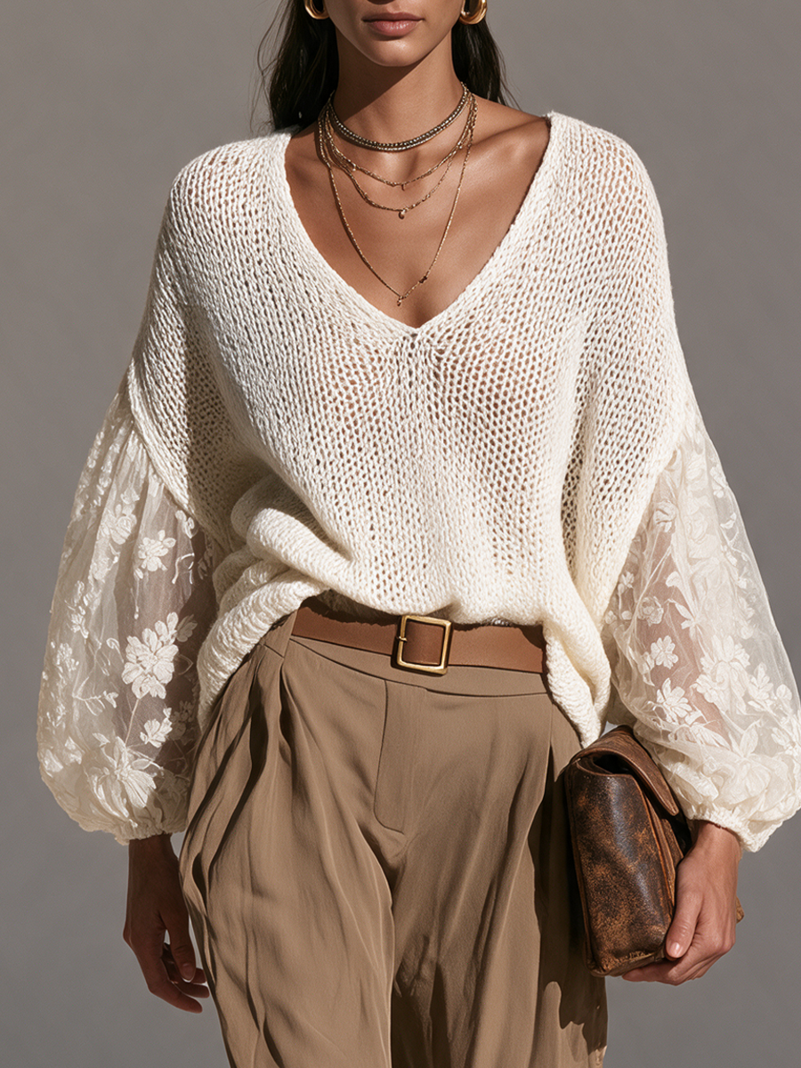 Women's V-Neck Open-Knit Lace-Panel Balloon-Sleeve Relaxed Wool-Knit Top MDZ0433I9CMX