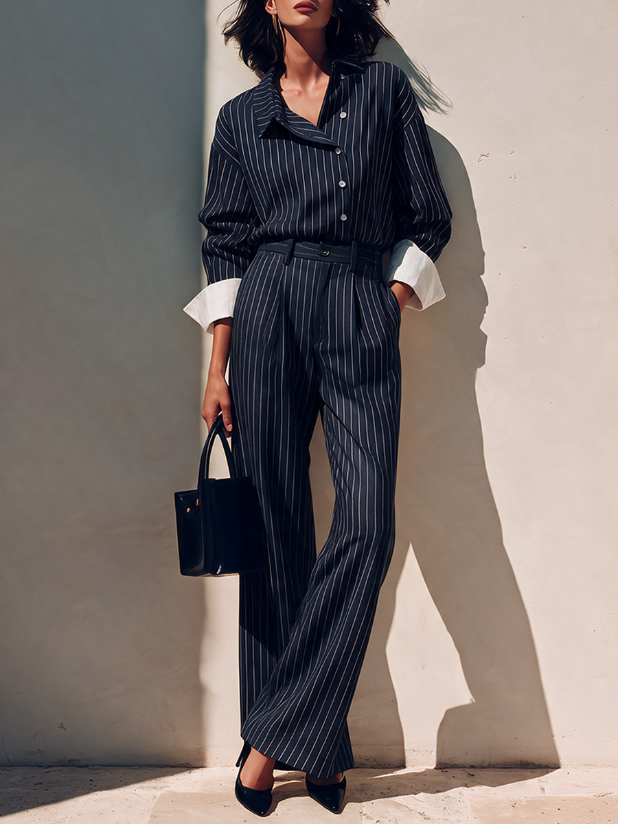 Women's Elegant Striped Shirt And Trouser Set