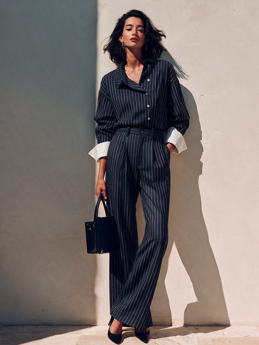 Women's Elegant Striped Shirt And Trouser Set
