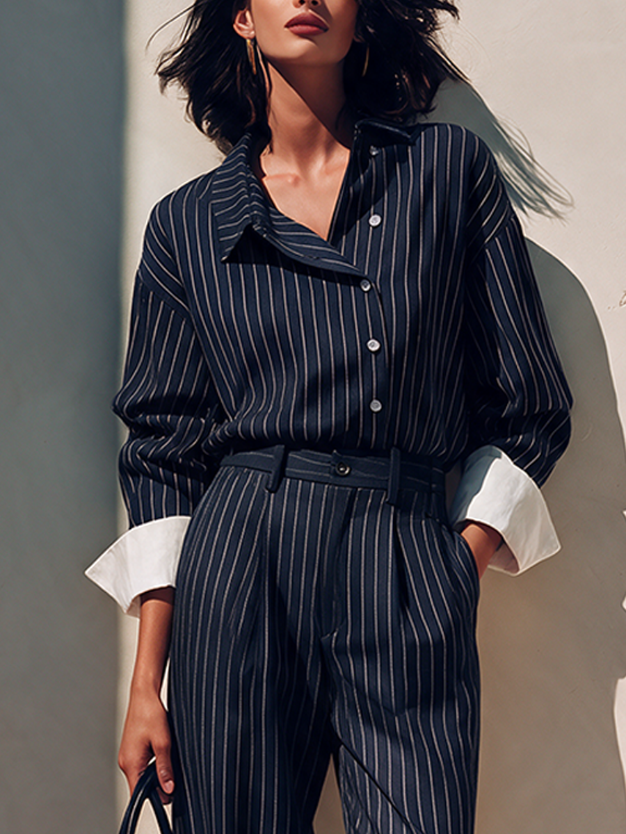 Women's Elegant Striped Shirt And Trouser Set