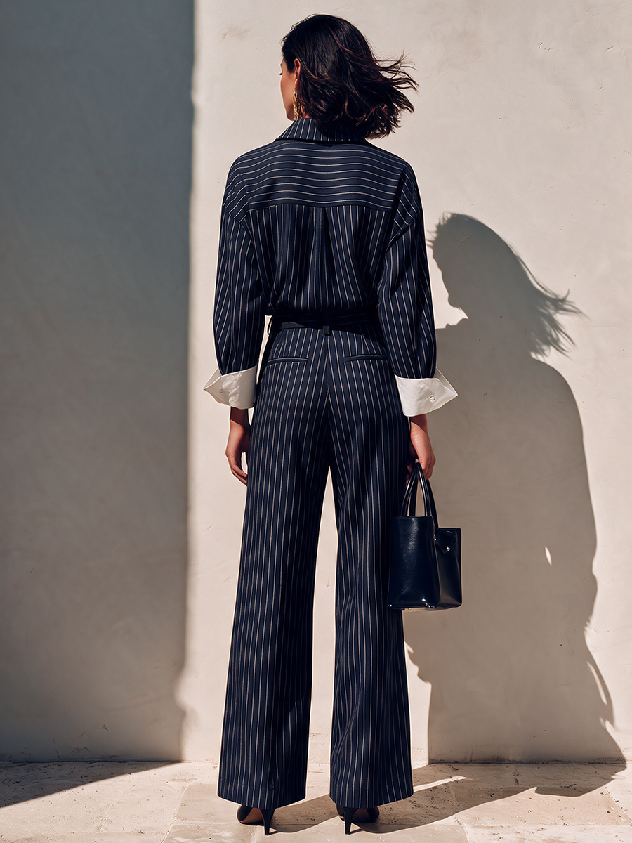 Women's Elegant Striped Shirt And Trouser Set