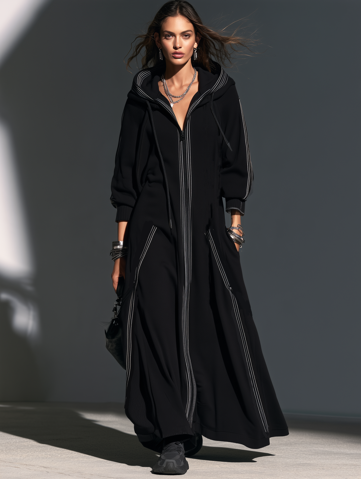 Women's Casual Black Long-Sleeve Hooded Long Coat In Sweatshirt Fabric