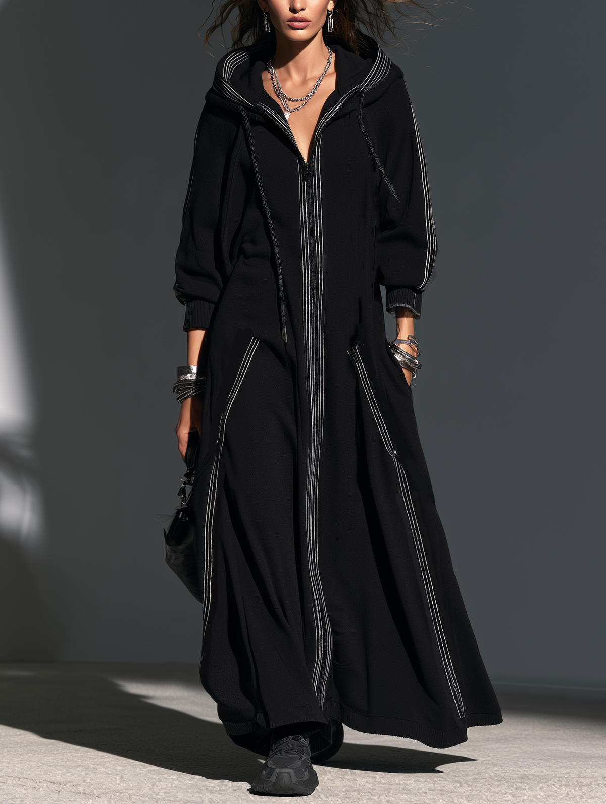Women's Casual Black Long-Sleeve Hooded Long Coat In Sweatshirt Fabric