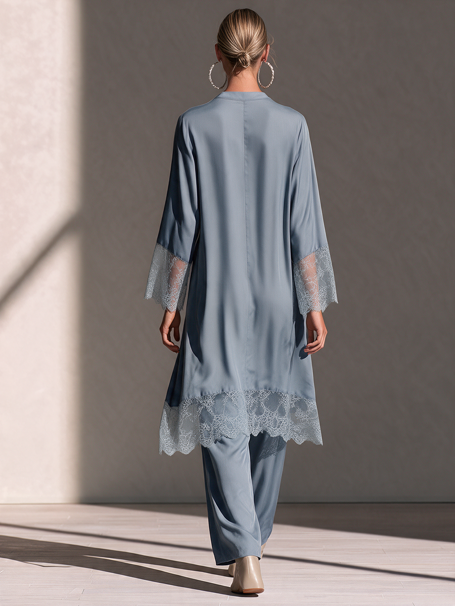 Women's Stand-Collar Lace-Trim Longline Tunic & Wide-Leg Trouser Set
