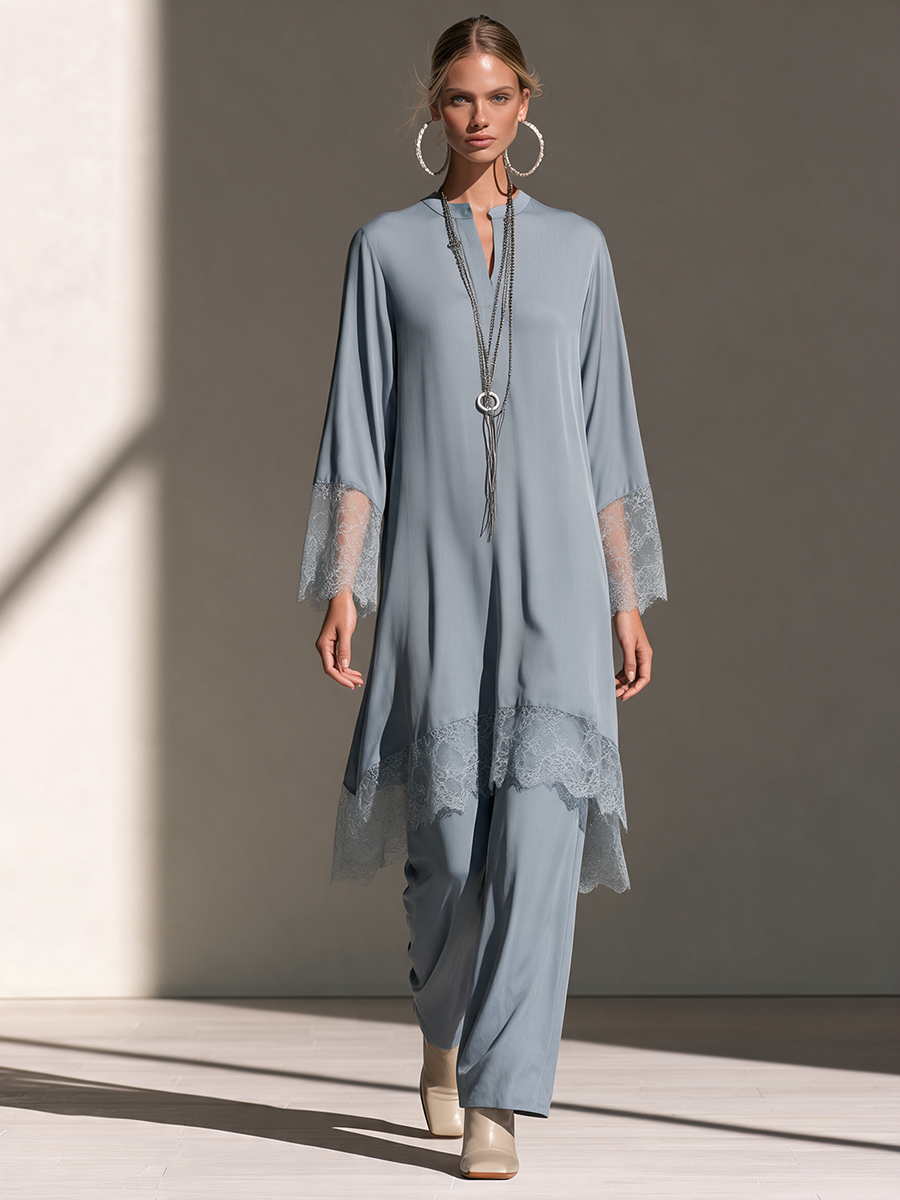 Women's Stand-Collar Lace-Trim Longline Tunic & Wide-Leg Trouser Set