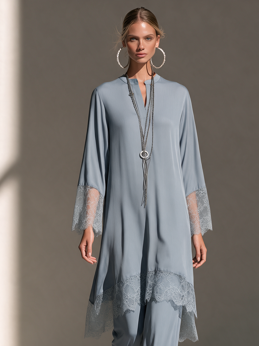 Women's Stand-Collar Lace-Trim Longline Tunic & Wide-Leg Trouser Set