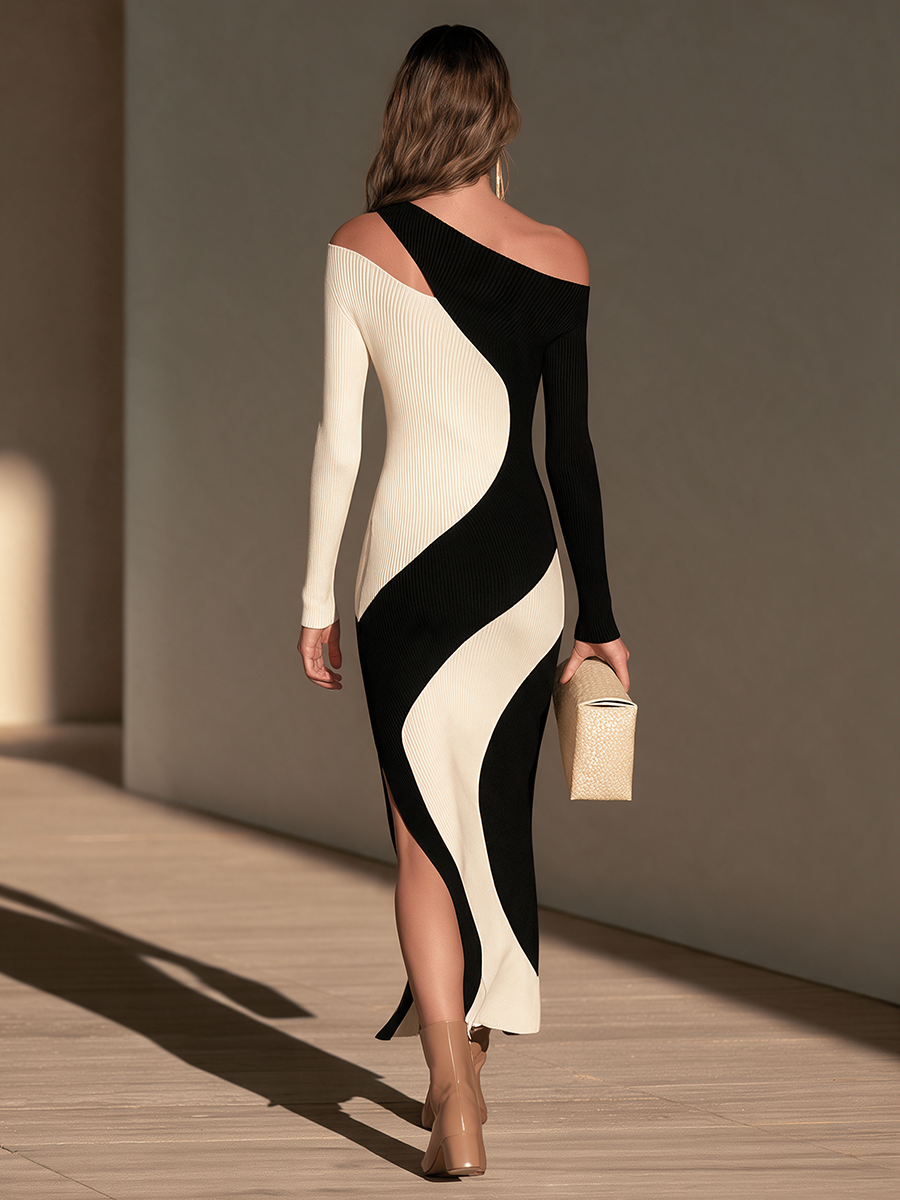 Women's Black & White Colorblock Off-Shoulder Ribbed Knit Maxi Dress